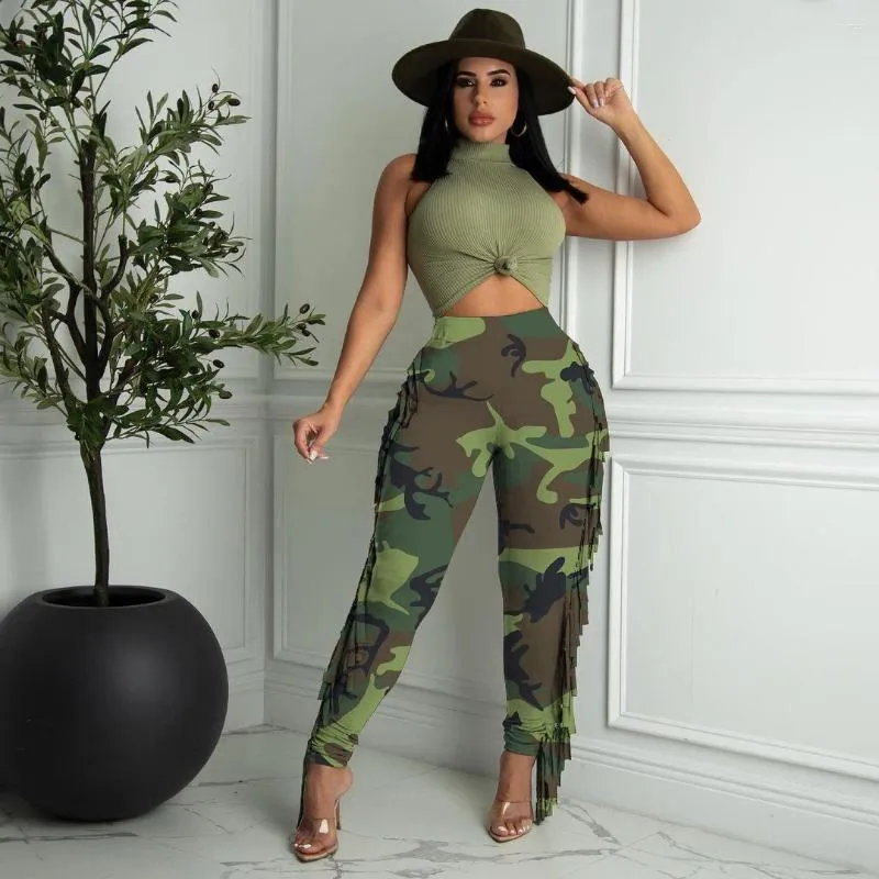 Pantalon femme EWSFV 2023 été femmes mode décontracté tout match mignon sport couture frangé Camouflage longue