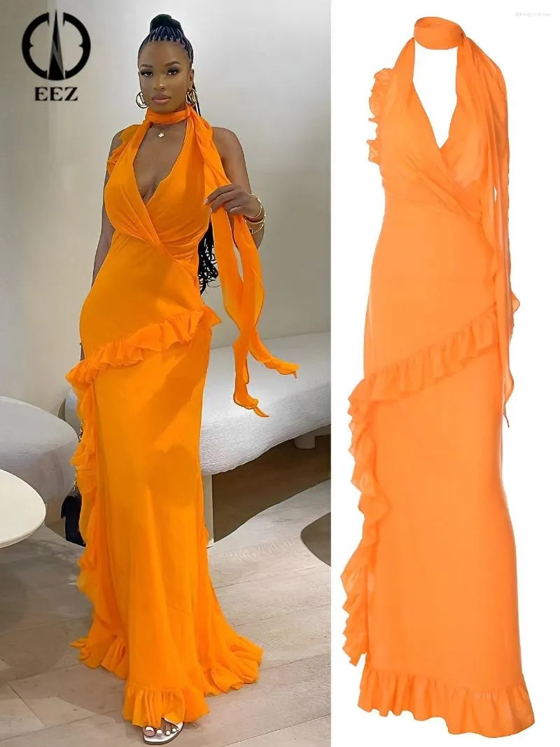 Casual klänningar sexiga ruffles halter klänning kvinnor elegant djup v-ringning rygglös delad krage blixtlås med bodycon klubbkläder sommar orange sundress