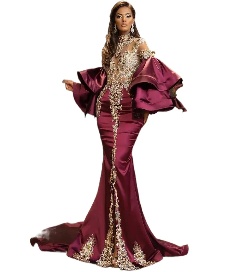 キラキラしたアラビア語のaso ebi dark redmermaid promドレスクリスタルビーズハイスプリット長袖プラスサイズのイブニングパーティーセカンドレセプションドレス