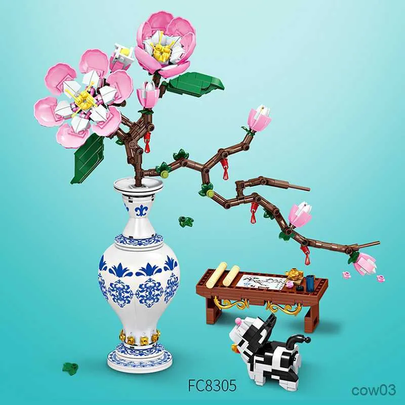 Blocks 609pcs Flower Building Blocks Peach Blossom Plant Blue and White Porcelain Bonsai DIY Model Home Decoration Children's Toy Gift R230718