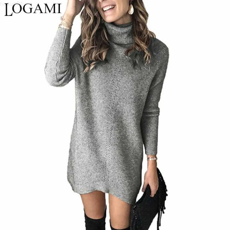 Women's Sweaters LOGAMI Turtleneck Sweater Dress Women Autumn Winter Long Sleeve Straight Short Dress Woman Sweaters L230718