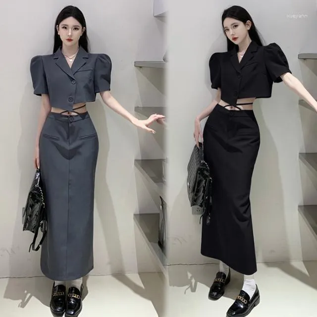 Two Piece Dress Temperament Style Skirt Set 2023 Summer Design Irregular Suit Coat Lace Up High Waist Half Length