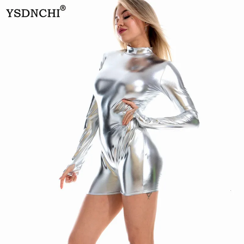 Women's Jumpsuits Rompers YSDNCHI Skinny Summer Rompers Womens Jumpsuit Long Sleeve Solid Sexy Jumpsuit Women Short Casual Club Playsuit Silver Overalls 230717