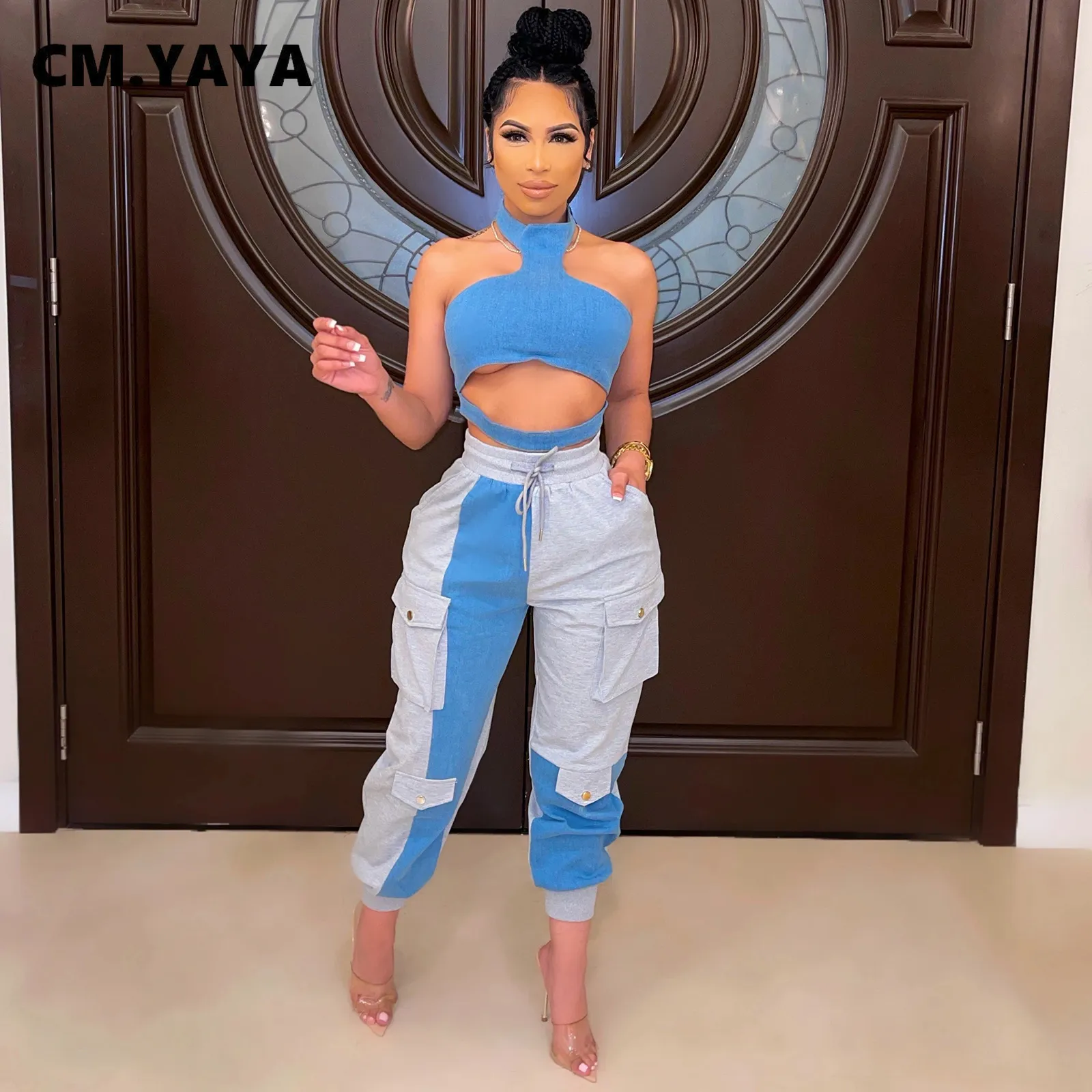 Zweiteilige Damen-Hosen CM.YAYA Frauen-Trainingsanzug Patchwork Neckholder Crop Tops Taschen Hosen Zwei 2-teilige Sets Sexy Streetwear Fashion Outfits Sommer 230717