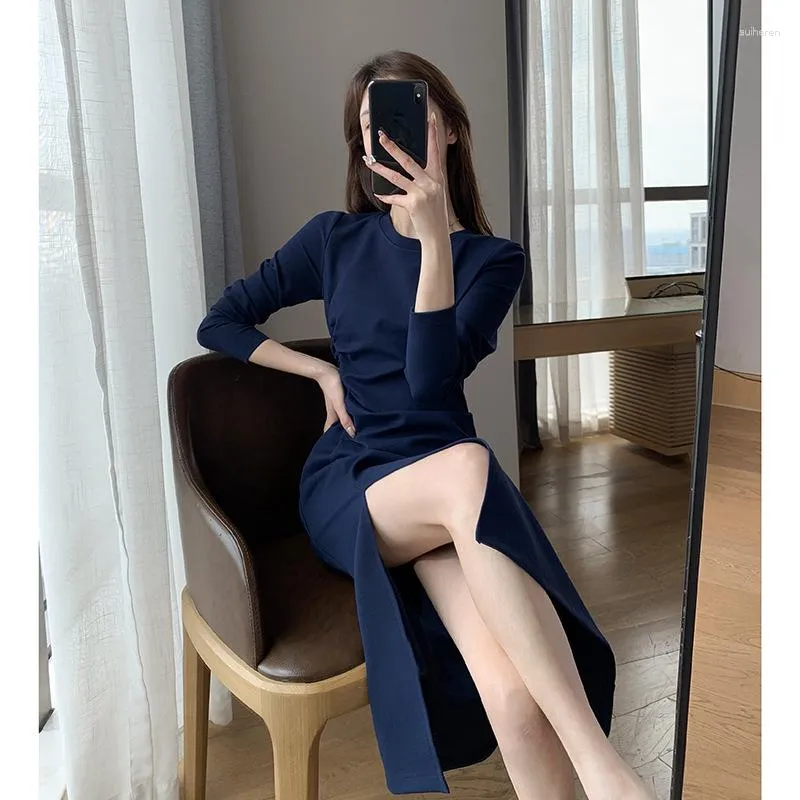 Casual Dresses Navy Dress 2023 Spring And Autumn Style High Waist Closing Slim Temperament Long Sleeve Split Skirt