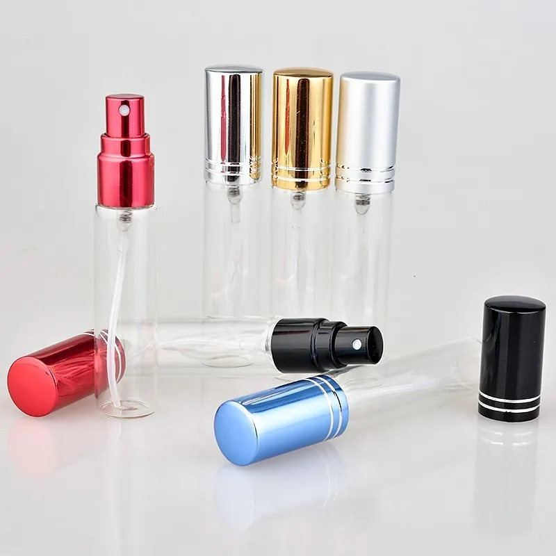 Parfymflaska 20pcslot 5 ml 10 ml 15 ml transparent tunn glas sprayflaska provglasflaskor bärbar mini parfym atomizer guld SIL 230717