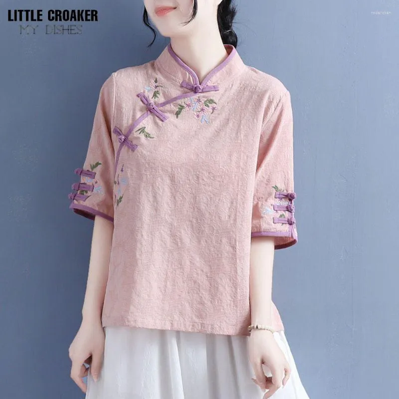 Ethnic Clothing Summer Cotton And Plate Button Embroidery Color Matching Medium Sleeve Top Women's Chinese Style Retro Zen Dress