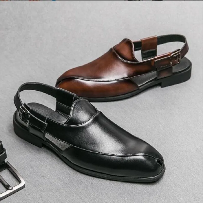 Nieuwe bruine heren zomersandalen, zwarte gesp, kledingschoenen voor heren met zakelijke formele schoenen heren 1AA19