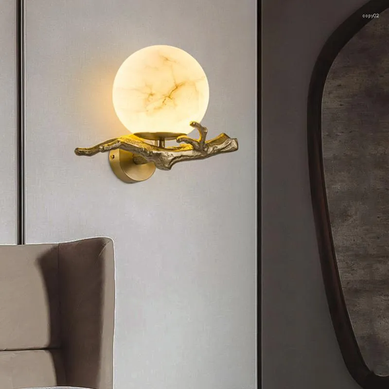 Lampada da parete Rame Luce di marmo naturale Foyer Sala da pranzo Camera da letto Scale Sconce G9 Lampadina Luxury Brass Drop