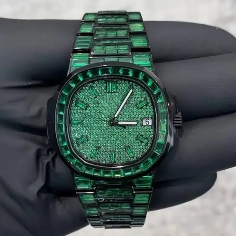 Relógios masculinos / femininos PP Novos diamantes quadrados de moissanite Mens verdes Iced Out Relógios feitos sob encomenda Relógios de pulso de vidro de safira brilhante de luxo automático com caixa