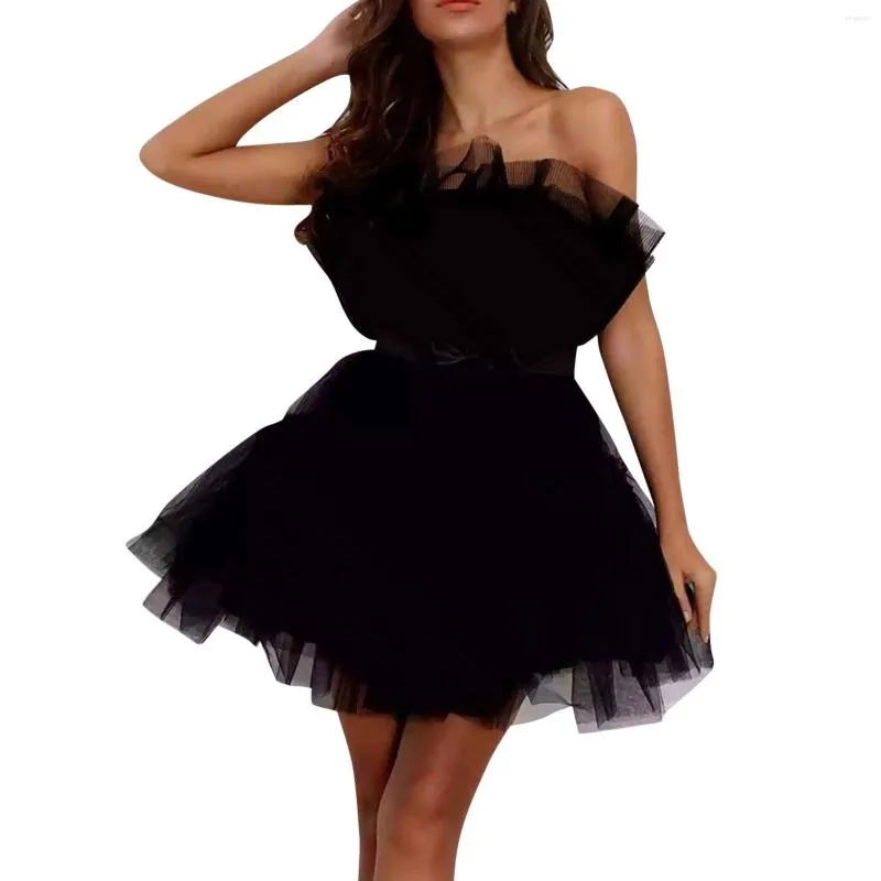 Casual Dresses Women Sleeveless Tulle Tutu Princess Solid Black Pink Off Shoulder Mesh Ruffle Layers Wedding Party Prom Mini Dress Robe