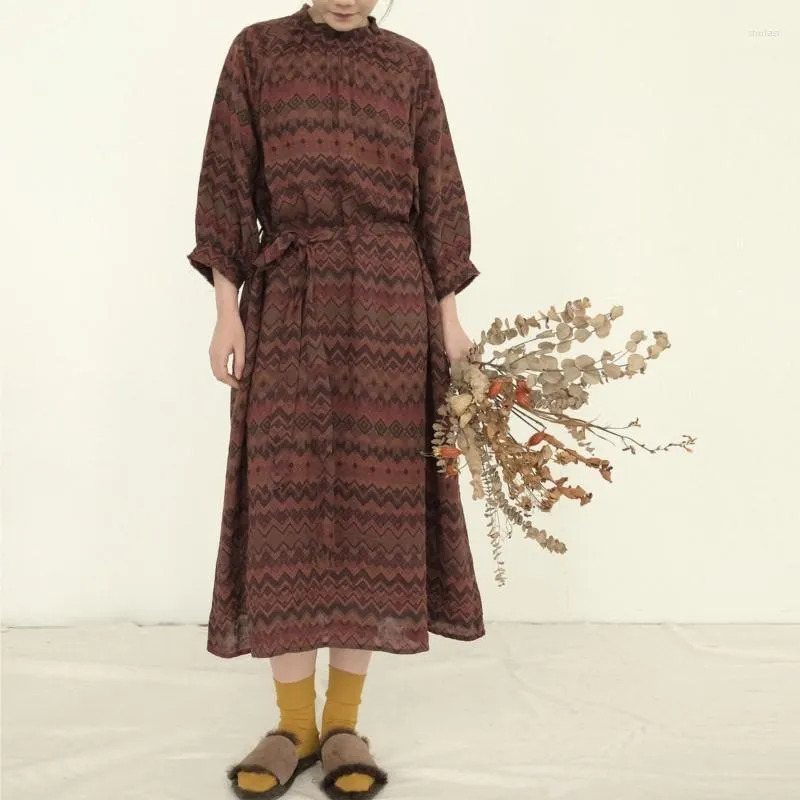 Casual klänningar qpfjqd kvinnlig retro stativ krage linne lång ärm tryckt a-line klänning 2023 kvinnor kinesisk stil vårhöst