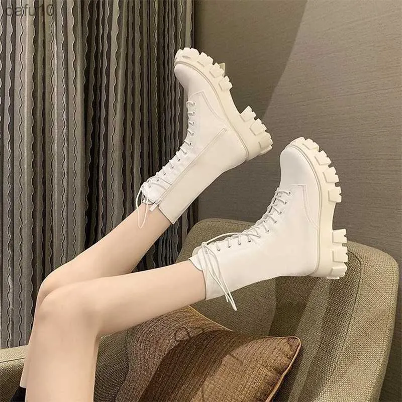 2021 Plattform Motorcykel Ankelstövlar Kvinnors Autumn Winter Thick Bottom Shoes Woman Lace Up Zip Shoes Female Ladies Boots Hot L230704