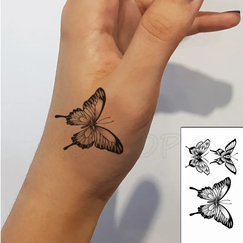 Autoadesivo del tatuaggio temporaneo impermeabile Lupo nero Freccia Rosa Farfalla Flash Tatuaggi Totem Linea Body Art Mano Tatuaggi finti Donna Uomo