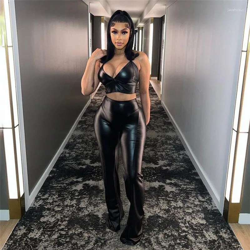 Women's Two Piece Pants Leather PU Crop Tops 2 Pant Set Black Outfits Long Trousers 2023 Women Summer Clothing Elegant Luxury Sexy Sets