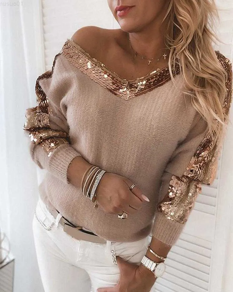 Women's Sweaters Women V-neck Knitted Pullover Autumn Sequins Fluffy Long Sleeve Sweater Elegant Fall Patchwork Sweater L230718