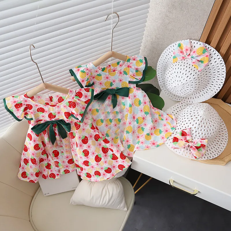 Girls Summer Dress Beach Holiday Beach Dress Ribbon Bow Children's Printed Strawberry Dress