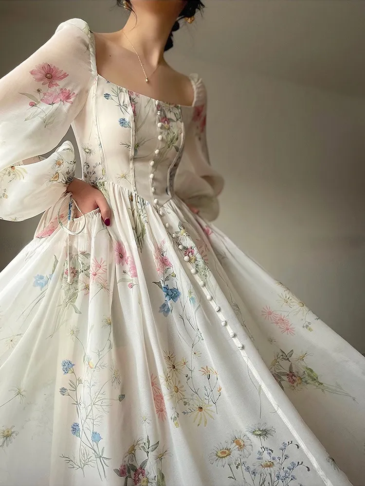 Podstawowe sukienki swobodne Summer Kobiety Elegent imprezy Midi Print Sukienka moda francuska francuska retro księżniczka fantazyjna ubrania vestidos 230718