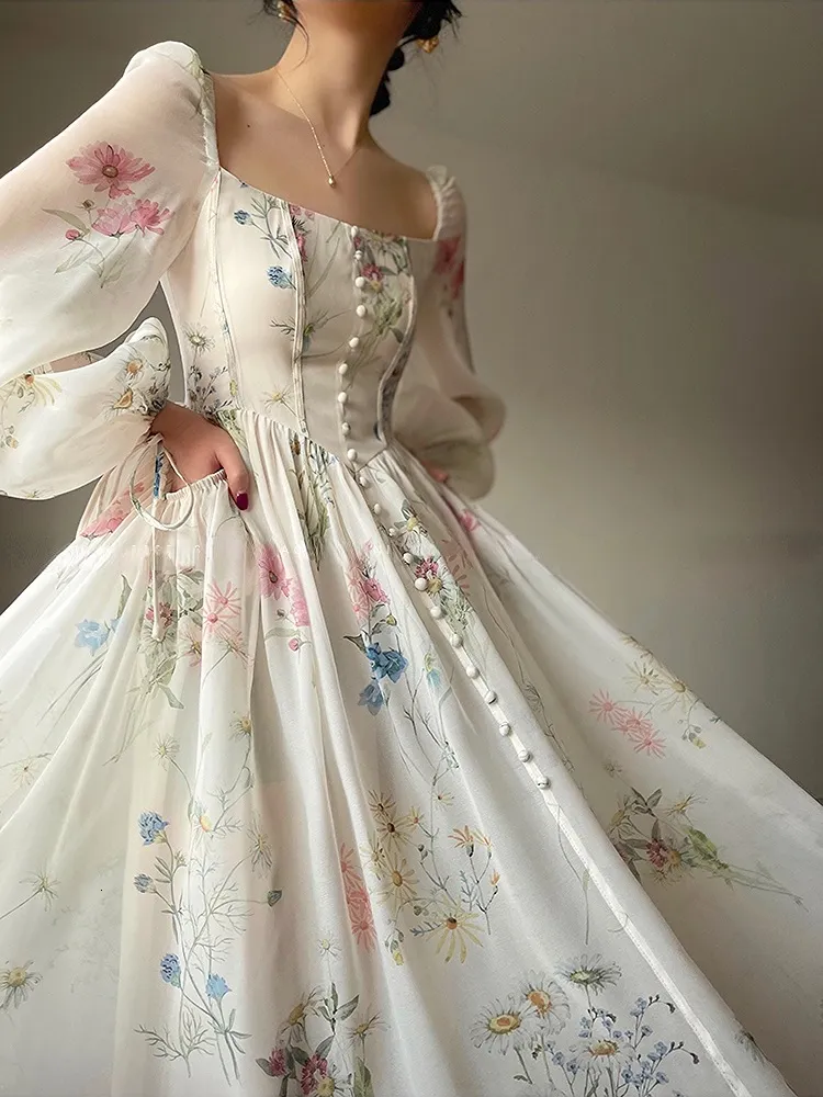 Grundläggande casual klänningar sommar kvinnor elegent fest prom midi tryck klänning kvinnlig mode franska retro prinsessan fancy kläder vestidos 230718