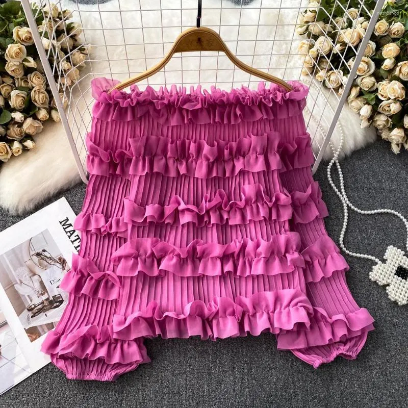 Kvinnors blusar Spring Autumn Fashion Design Lantern Lång ärm Slash Neck Off the Shoulder Chiffon Shirt Casual Layered Ruffles Top