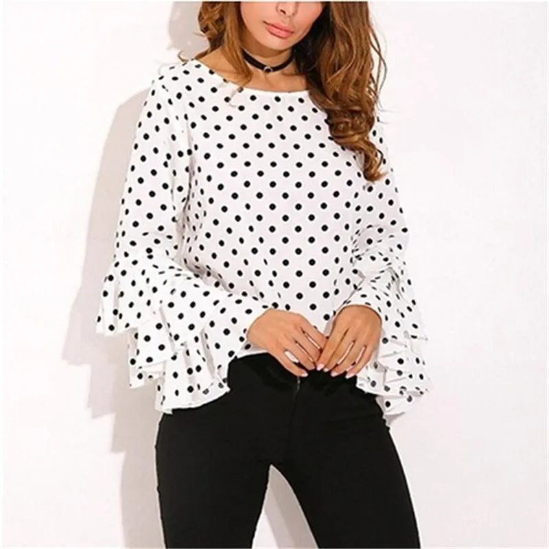 Mujeres Camisas De Lunares De Polka Fashion O Neck Manga Larga Femininas Femininas Casuales En Blanco Y Negro Camisa Nueva De 15 74 DHgate