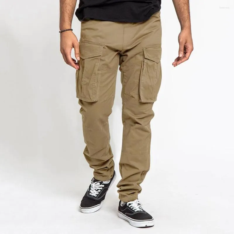 Men's Pants Mid-rise Elastic Waistband Drawstring Pockets Men Straight Leg Cargo Trousers