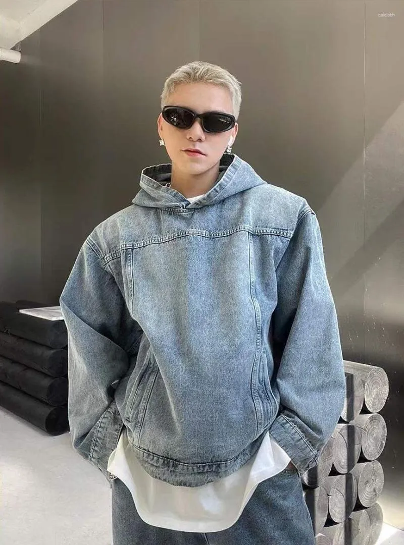 Erkek Hoodies Mens 2023 Bahar tarzı kazak kapüşonlu yıkanmış denim sweatshirt yıpranmış patchwork moda üstü