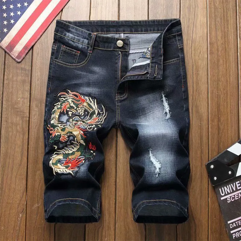 Herr jeans monterade shorts män 2023 sömmar färg sommarstil broderi denim byxor koreansk version tvättad vintage y2k 230718