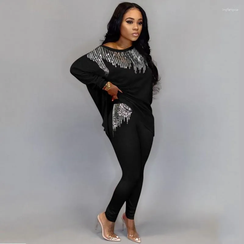 Women's Two Piece Pants 2023 Winter Women Sets Full Sleeve Sequined Top Suits Set Casual Tracksuits Loose Fitness Streetwear Outfits