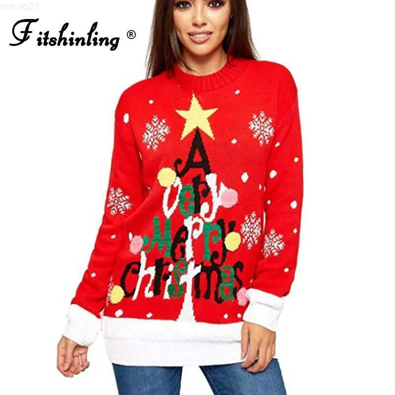 Maglioni da donna Fitshinling Lettera Brutto maglione di Natale Moda donna Inverno Pull Femme Fiocco di neve Maglione rosso Top lavorato a maglia 2022 Pullover Saldi L230718