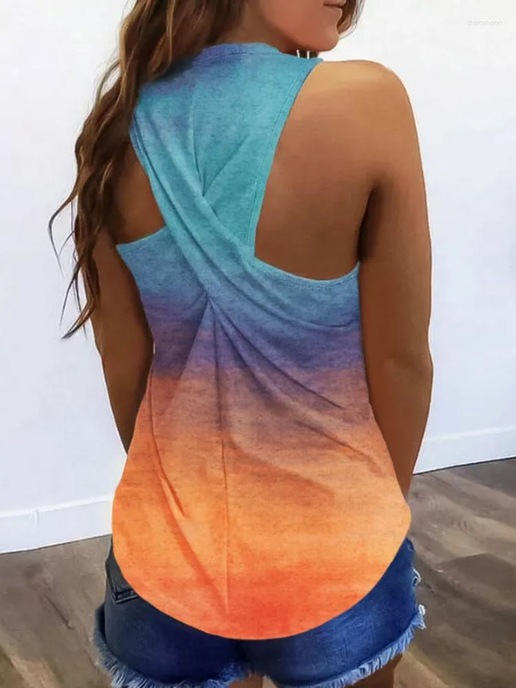 Kvinnor tankar gradient twist racerback 3d tryckt tank top kvinnor o-hals ärmlös väst kvinna streetwear sommar off axel kamisoler