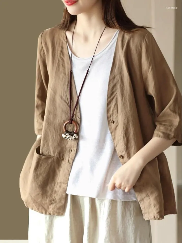 Kvinnorjackor 2023 Summer Flax Thin Women Retro Simple V-Neck Half Sleeve Casual Tops Ladies Coat