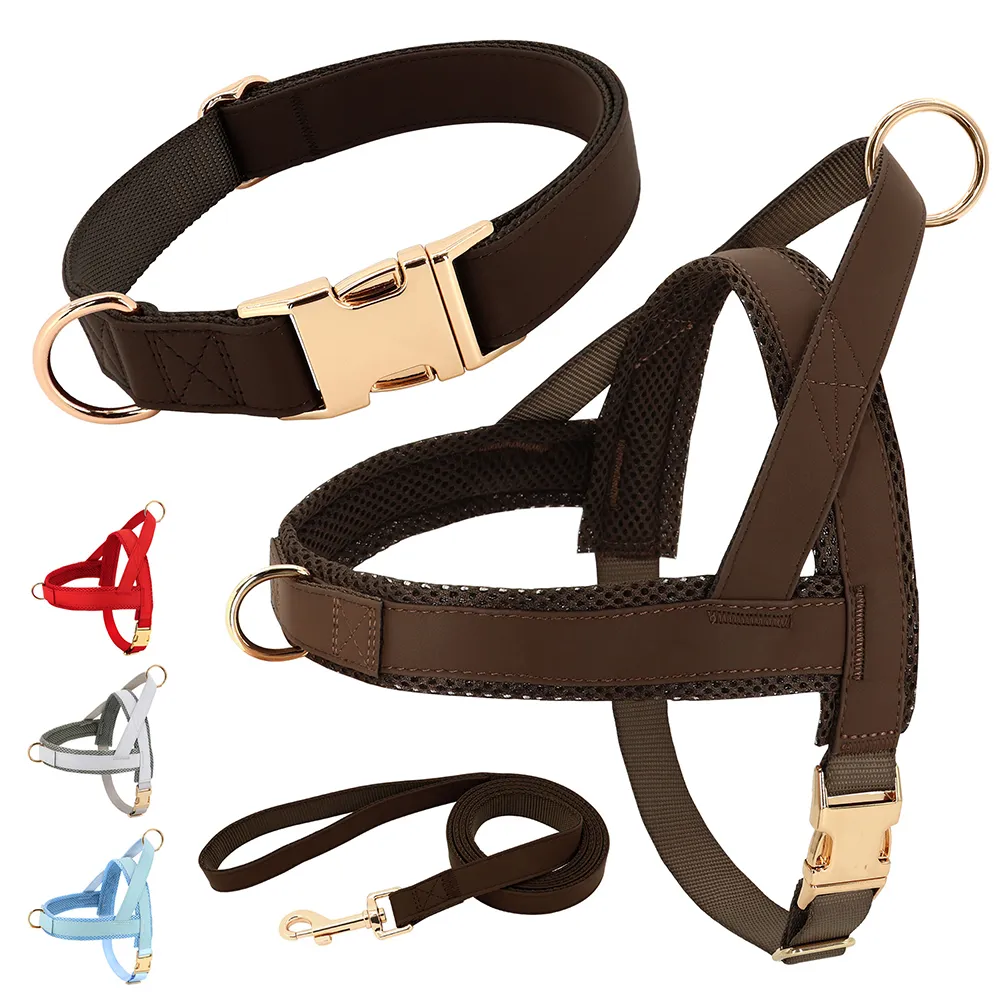 Hundhalsar Leashes Leather Dog Collar Harness Leash Set Nylon Pet Mesh Vest Harness Pet Leads For Small Medium Large Dogs 230717