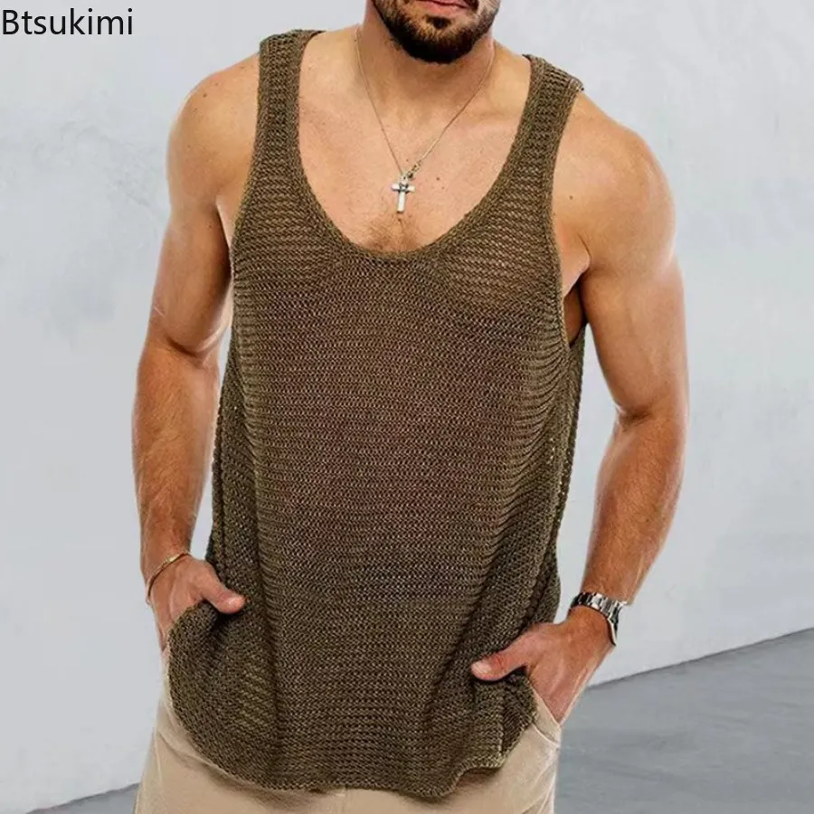 Mens Tank Tops Summer Top Loose Knit Sports Vest Fashion Solid 100% Viscose Sleeveless Male Tshirt Breattable Mesh 230717