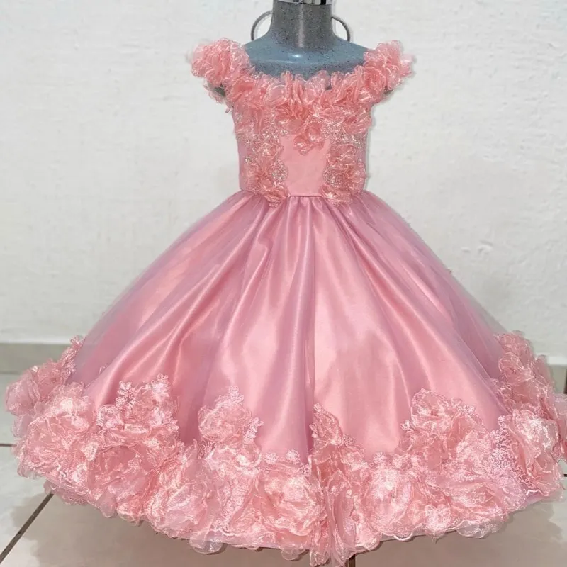 Robe princesse rose à fleurs pour filles, en Tulle, à volants, avec perles, à lacets, robes de bal, de concours, de première Communion, 2024