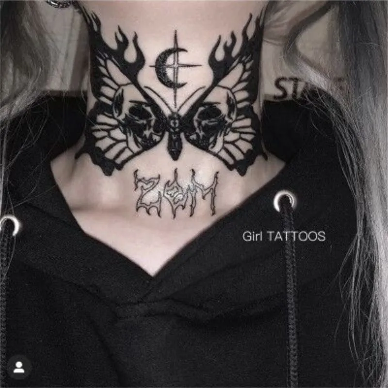 Goth Skull Butterfly Moon Tattoo Succo di erbe Tatuaggi finti duraturi per donna Uomo Tatuaggi al collo Adesivi per tatuaggi temporanei impermeabili