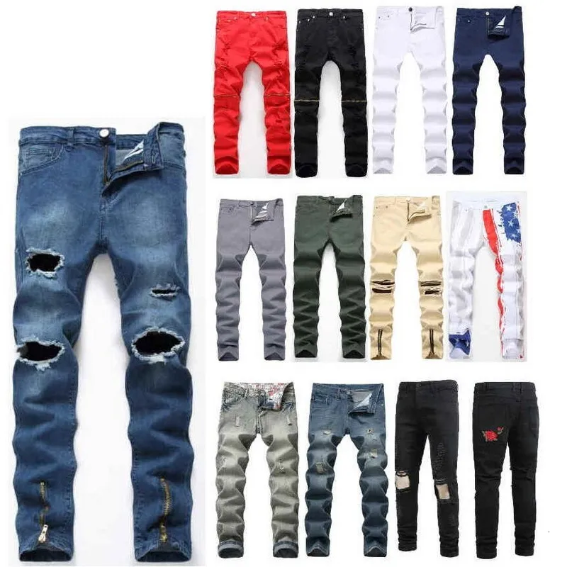 Herren-Jeans, schmal, Stretch, schwarz, bestickt, große Löcher, Denim-Hosen, MultiZip, weißes Muster, mehrere Stile, Größe 2842 230718