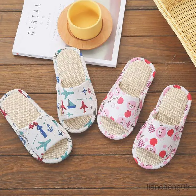 Slipper Kinderen Mode Slippers Meisje Jongen Kids Cartoon Dieren Linnen Sandalen Indoor Zachte Ademende Baby Casual Antislip Vlas schoenen R230718