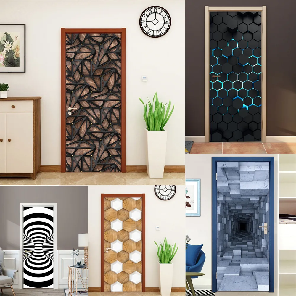 Adesivos de parede Visual 3D Adesivo de porta à prova d'água PVC Desenho geométrico Todo Mural Po Papel de parede para Sala de estar Decoração de cozinha 230717