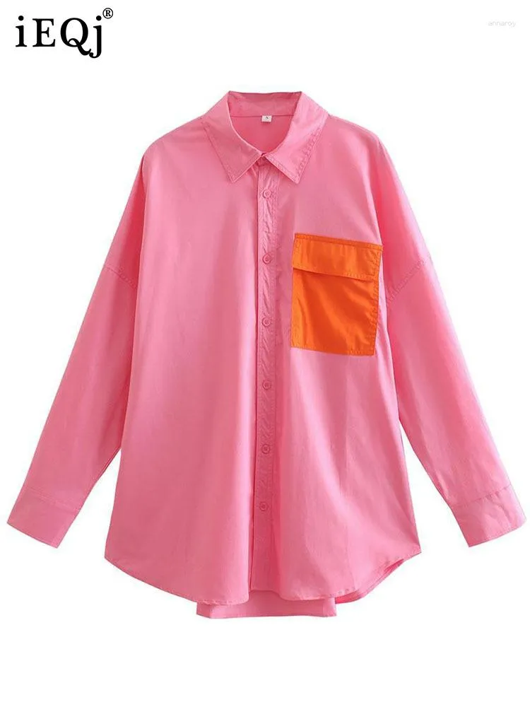 Vrouwen Blouses Casual Roze Shirt Voor Vrouwen Contrast Kleur Pocket Revers Lange Mouw Vrouwelijke Veelzijdige Shirts 2023 Kleding 3WQ6443