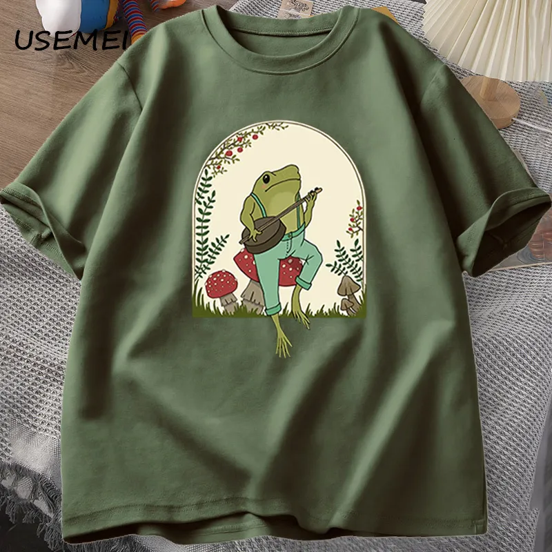 Herren T-Shirts Süße Cottagecore T-Shirts Ästhetischer Frosch spielt Banjo auf Pilz T-Shirt Männer Sommer Baumwolle Kurzarm T-Shirt Herrenkleidung 230717