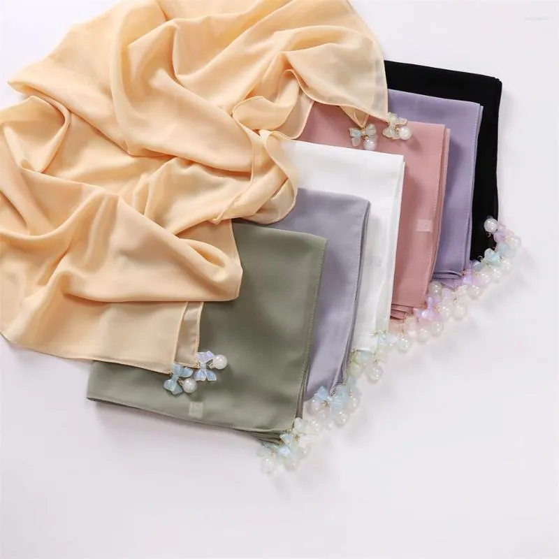 Scarves 90cm Resin Bow Pearl Chiffon Tudung Hijab Bawal Design Square Scarf Shawl Muslim Women Fashion Turban With Accessories