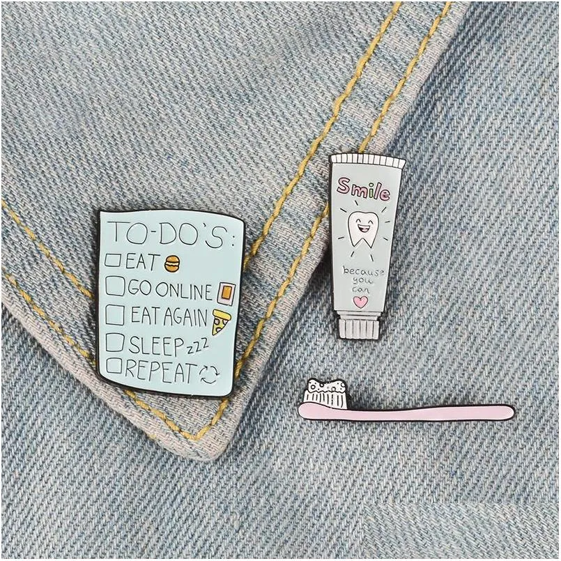 Spille Spille Spazzolino Tootaste Smalto Spille To Do List Badge Personalizzato Pastello Spilla Camicia di jeans Cartone animato Sorriso carino Gioielli Regalo Dhlmo