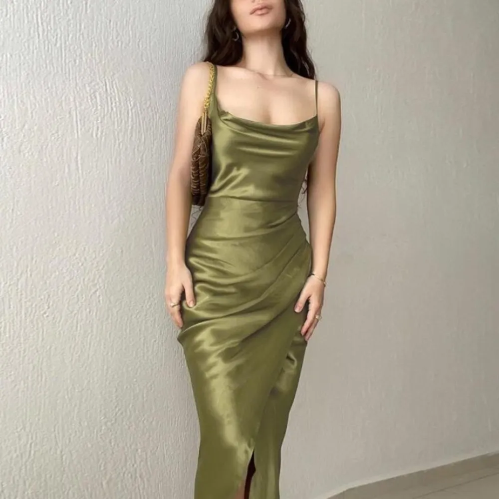 2023 European and American Spicy Girl Style Sexy Low cut Satin Split Strap Dress New Slim Open Back Long Dress