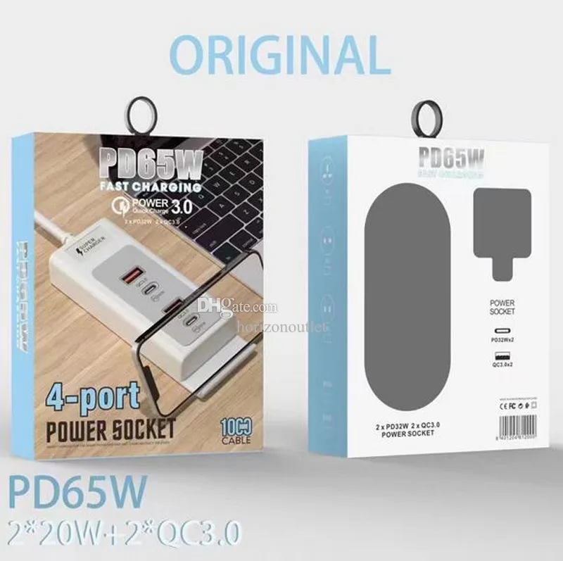 65W 4 portas USB Charger Quick Charge 3.0 Fast PD Charger Adapter Station TYPE-C 3A QC3.0 Super Smart Phone PD65W UK US EU Charge Holder for iPhone Ipad Apple Samsung