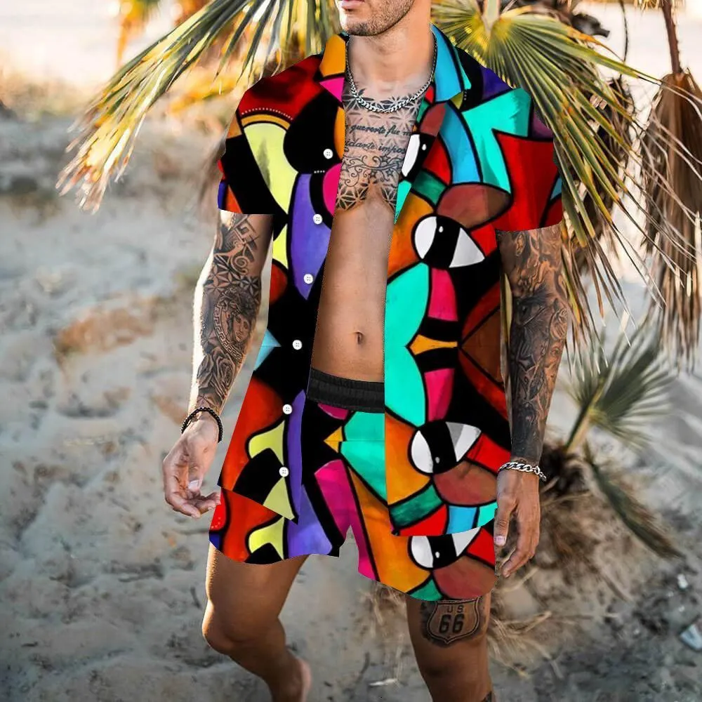 Agasalhos masculinos, terno de manga curta, camisa Aloha e vestido de praia casual estampado de verão, top de duas peças 230718