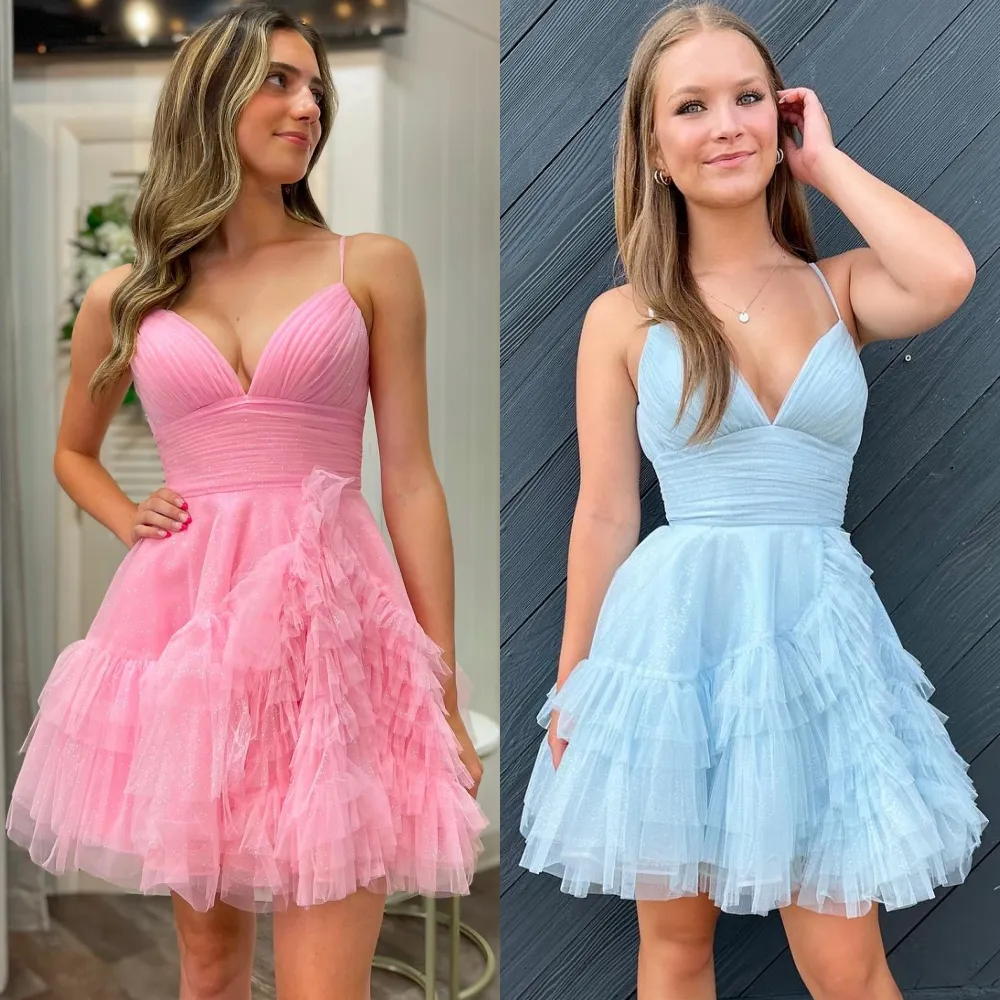 Glitter Tulle Homecoming Dress 2k24 Ruffles Short Prom Pageant Formal Cocktail Event Party Runway Black-Tie Gala Wedding Guest Hoco Gown Pink Light Sky Blue