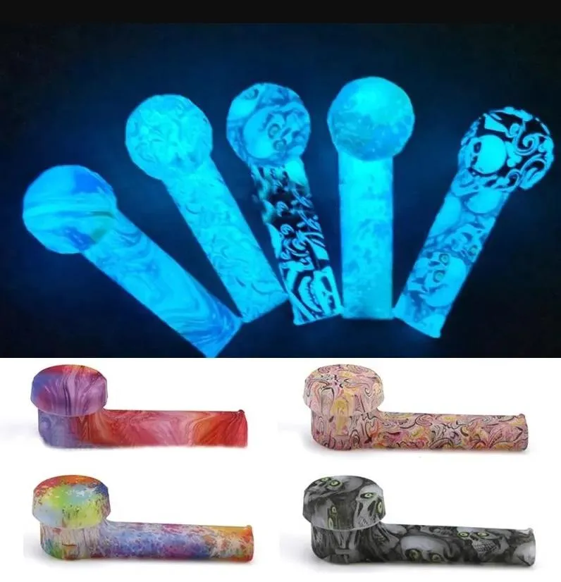 Pipe à main en silicone à motifs lumineux Glow In The Dark 3.5 "Environmentalement FDA Silicones Tuyaux d'eau VS verre Fumer Bong