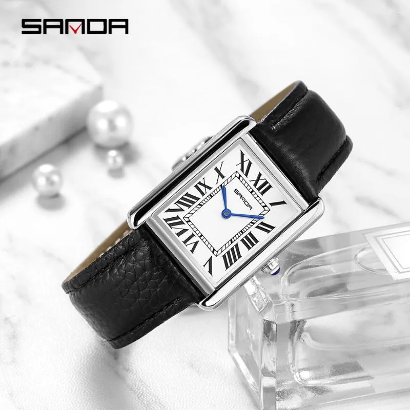 Horloges SANDA Luxe Dames Polshorloge Rechthoekige Zilveren Kast Dames Horloges Leer Vierkant Kwarts Klok Met Geschenkdoos Reloj Muje