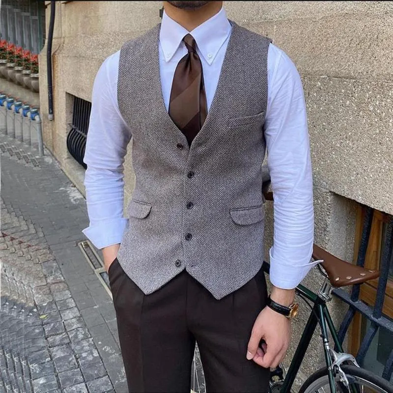 Men's Vests Herringbone Vest V-Neck Slim Fit Wool Sleeveless Jacket The Man Techwear Waistcoat Air Conditioning Clothes Tech